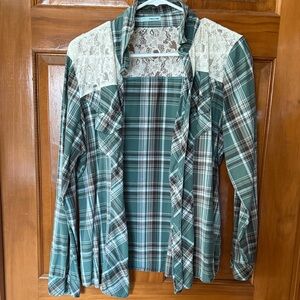 Maurices Teal Plaid Button Down with Lace Detail